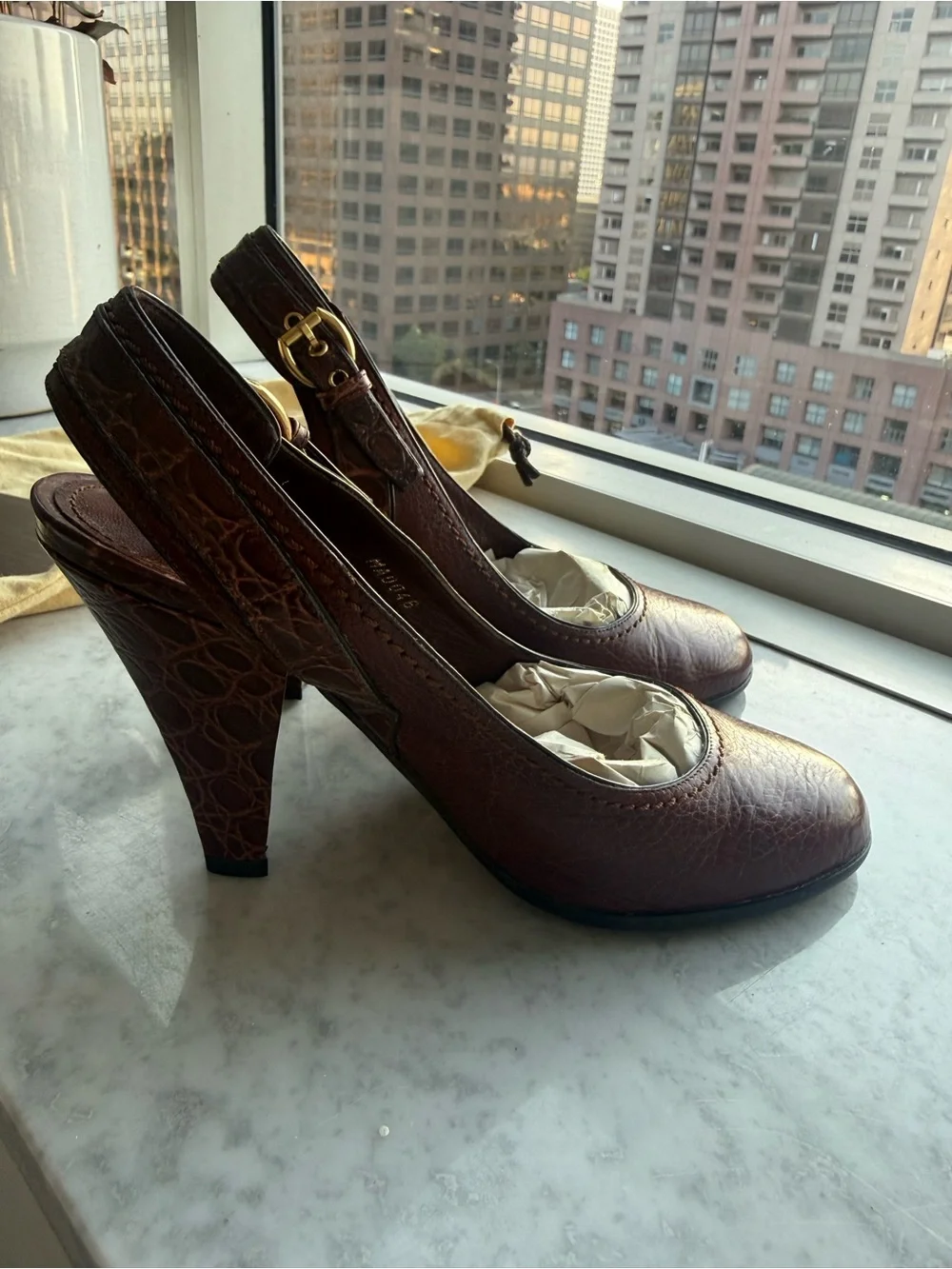 Louis Vuitton Burgundy Leather Slingback Heels with Gold Buckle